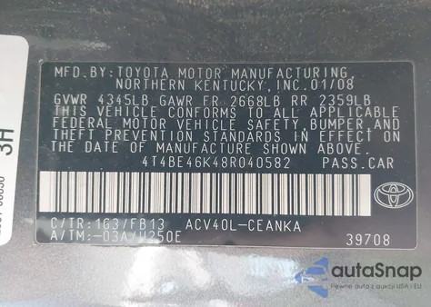 2008 Toyota Camry Le z USA, uszkodzony, nr VIN 4T4BE46K48R040582